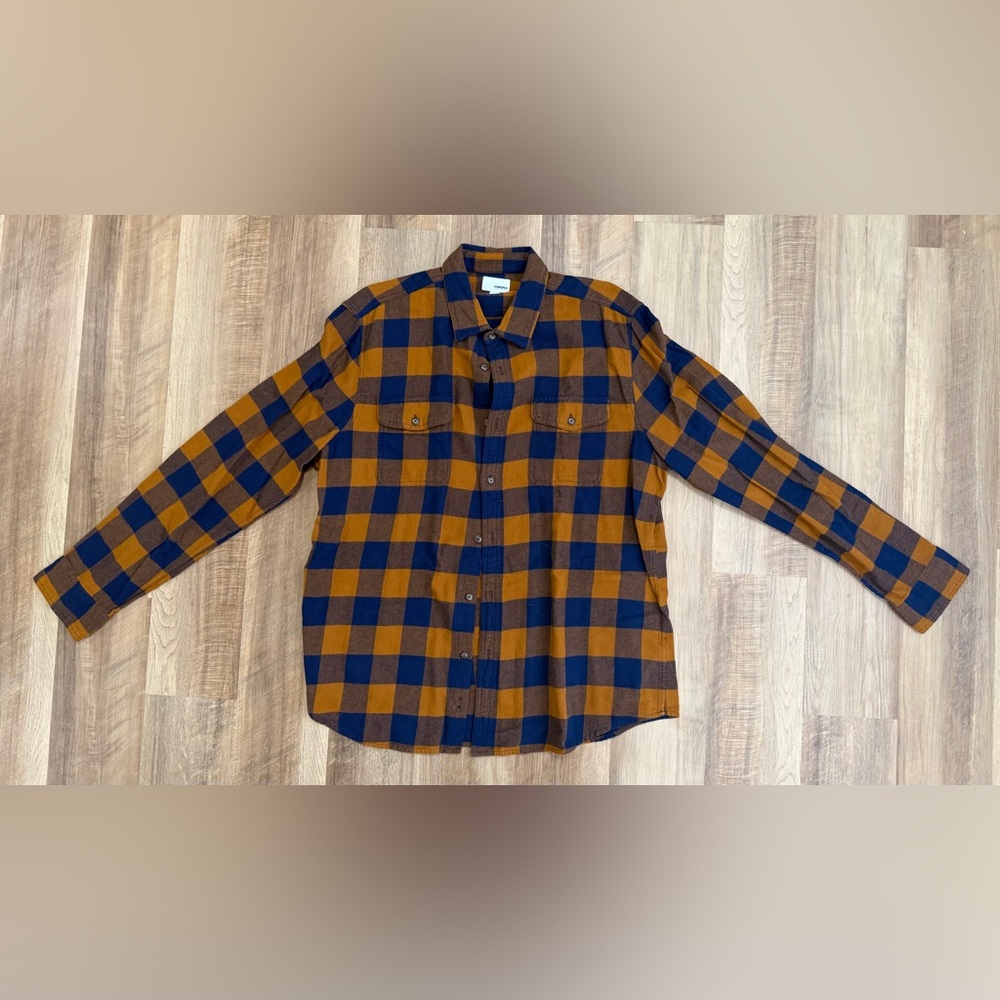 Sonoma Men's Navy and Mustard Plaid Shirt